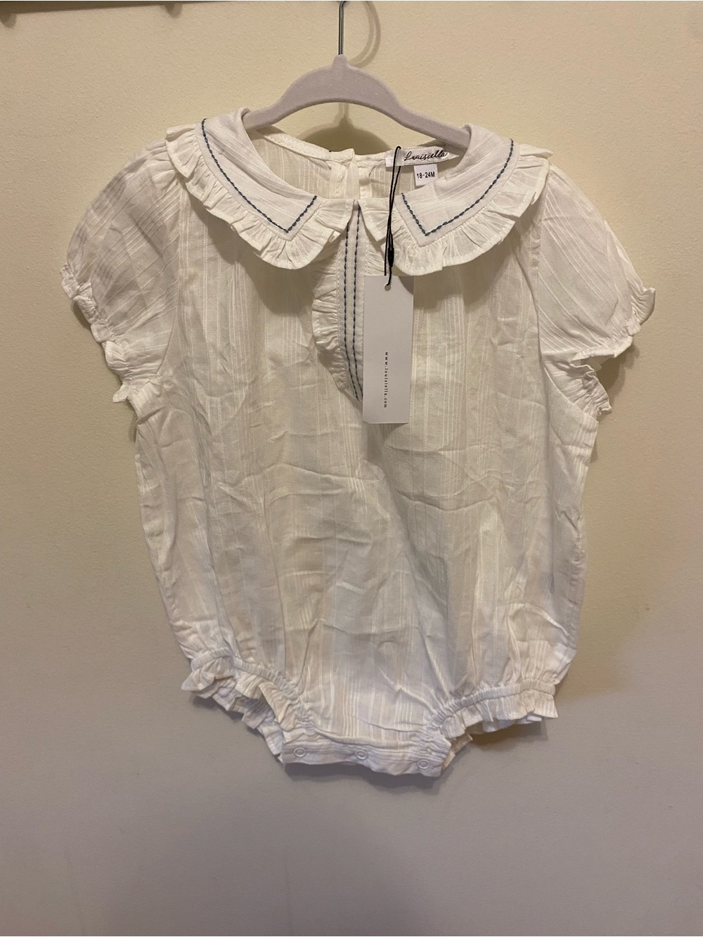 NWT Louisiella White Ruffle Collar Romper with blue contrast toddler 18-24m
